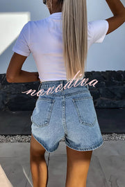 Fashion Rhinestone Loose Pocket Denim Shorts