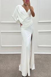 Like Venus One Shoulder Bat Sleeve Ruched Detail Slit Gown Maxi Dress