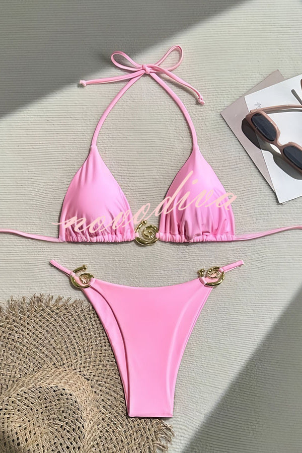 Sexy Halterneck Lace-up Metallic Stretch Two-piece Bikini Swimsuit