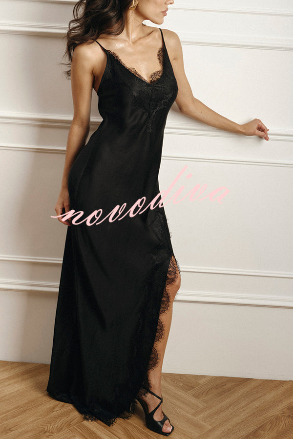 Breezy City Fall SatinLace Petal Trim Slip Tie-up H-line Slit Maxi Dress