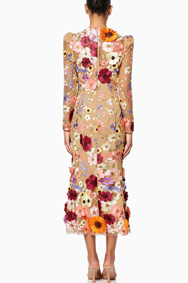 Dignified and Refined Charm Embroidered Floral Applique Long Sleeve Fish Tail Midi Dress