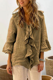 Solid Color V-neck Ruffled Casual Loose Top