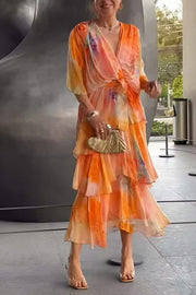 Stylish Tie-dye V-neck Tie-waist Layered Maxi Dress