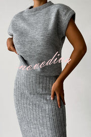 Triko Knit Short Sleeve Sweater and Stretch Ribbed Midi Skirt Set