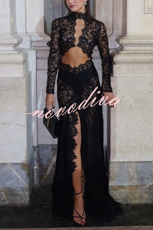 Dark Night Charm Sheer Lace Cutout Long Sleeve Stretch Maxi Dress