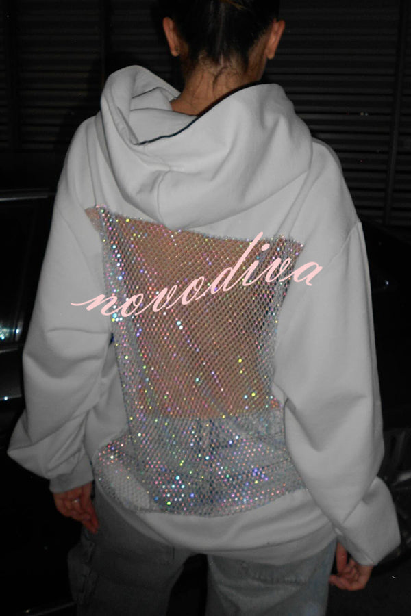 Fashionable Shiny Mesh Hollow Back Loose Long-sleeved Hooded Sweatshirt