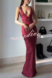 Festival Shines Sequin Beaded Mesh Bow Cutout Detail Slit Maxi Dress