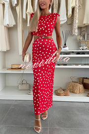 Roxane Polka Dot Print Shoulder Pad Metal Cutout Waist Slit Stretch Maxi Dress