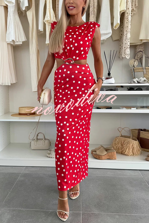 Roxane Polka Dot Print Shoulder Pad Metal Cutout Waist Slit Stretch Maxi Dress