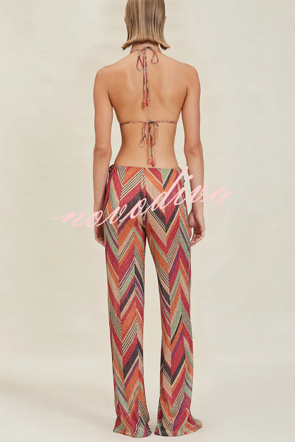 Gypsy Girl Triangle Pattern Beaded Tie-up Waist Stretch Loose Pants