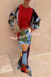 Bright and Bold Knit Abstract Color Blocks Button Long Sleeve Loose Cardigan