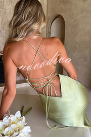 Satin Solid Color Sexy Backless Lace Up High Slit Maxi Dress