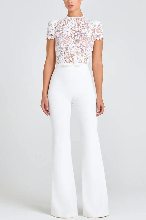 Party Charmer Flower Lace Patchwork Short Sleeve Bow Belted Flare Jumpsuit