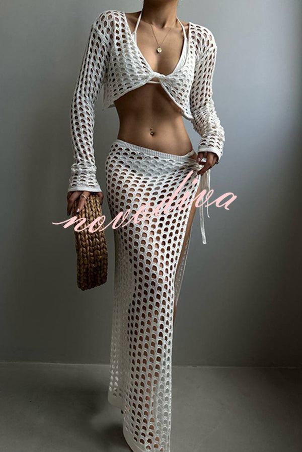 Solid Color Sexy Hollow Long Sleeve Top and Lace-up Slit Knitted Cover-up Maxi Skirt Set