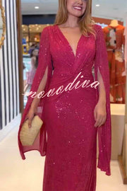 Shine Brighter Sequin Cape Sleeve Cross Waist Evening Maxi Dress