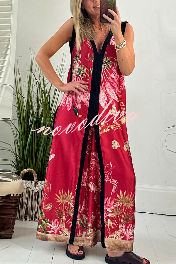 Vanna Unique Tropical Print Black Patchwork Detail A-line Maxi Dress