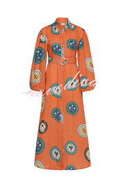 Linen Blend Unique Print Belted Single-breasted Casual Maxi Dress