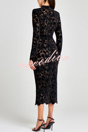 Diane Velvet Embroidered Floral Lace Long Sleeve Belt Scallop Edge Midi Dress