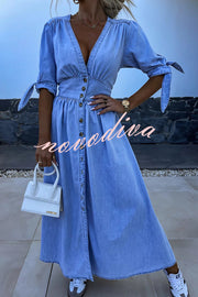 Solid Color V-neck Button-down Denim Midi Dress