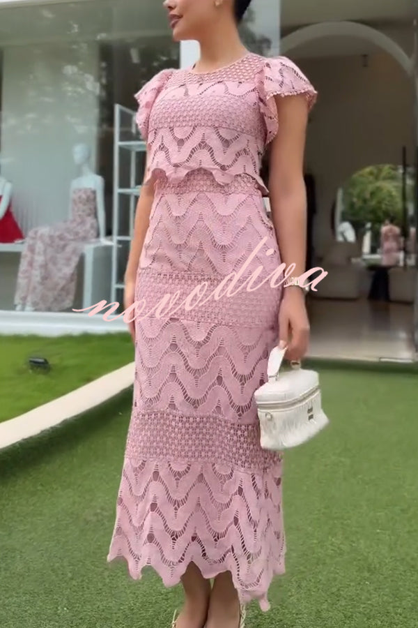 Elouise Wave Dot Embroidery Lace Back Tie-up Top and Elastic Waist Maxi Skirt Set