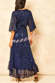 Solid Color Sequined V-neck Waist Tie Loose Maxi Dress