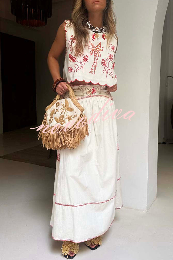 Sunny Day Linen Blend Contrast Embroidered Print Scallop Trim Lace-up Top