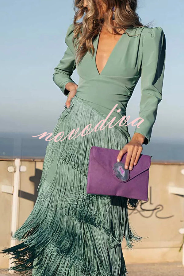 Solid Color V-Neck Long Sleeve Elegant Tassel Maxi Dress