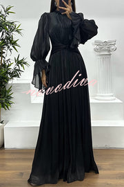 Ellah Shiny Fabric Chinese Stand Collar Twist Waist Balloon Sleeve Maxi Dress