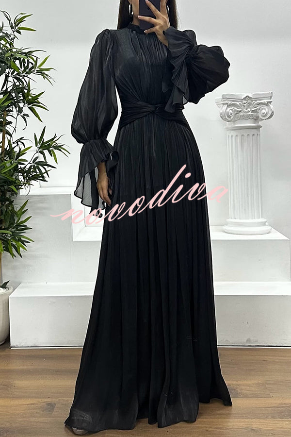 Ellah Shiny Fabric Chinese Stand Collar Twist Waist Balloon Sleeve Maxi Dress