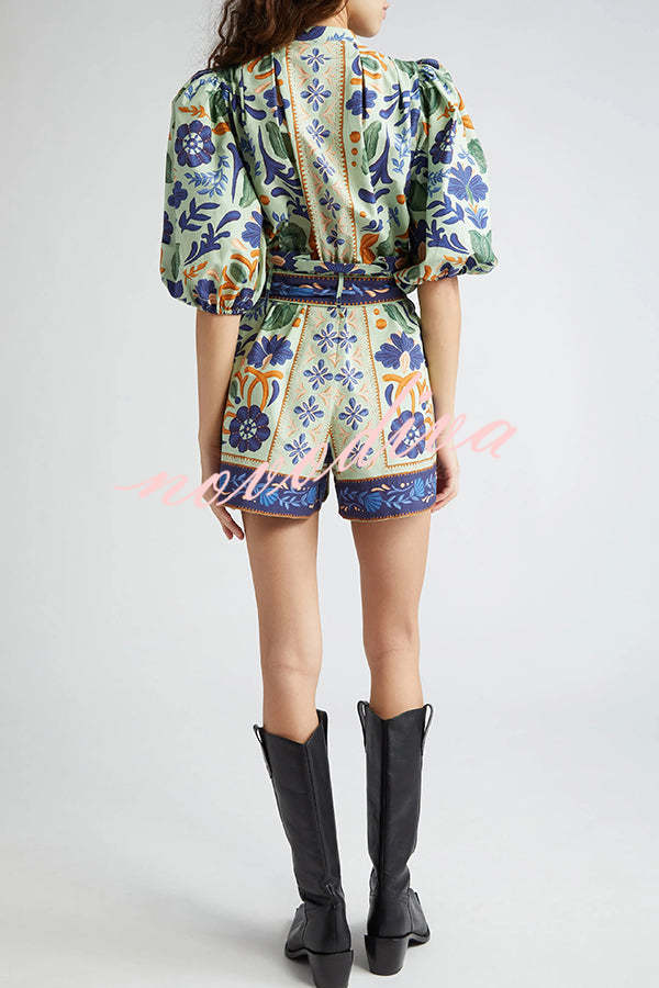 Elouise Linen Blend Unique Print Button Puff Sleeves Tie-up Pocketed Romper