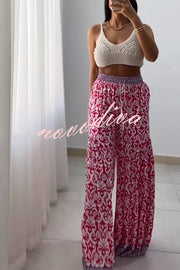 Unique Print Elastic High Waist Tie Pocket Wide Leg Pants