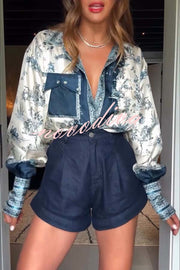 Bohemian Elegant Satin Contrast Color Unique Print Button Up Pocket Loose Blouse