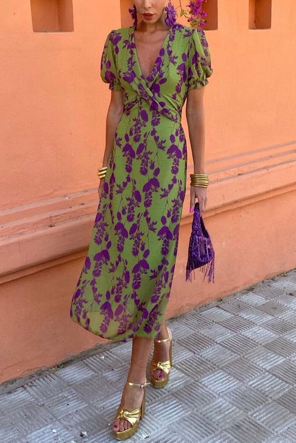 Botanical Print V-neck Puff Sleeve Tie Waist Midi Dress