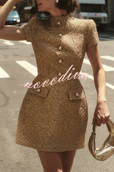 Gold Standard Tweed Fabric Pearl Button Short Sleeve Pocketed Mini Dress