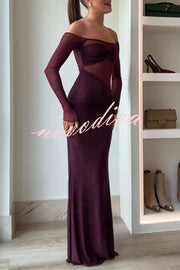 Forever Shimmering Sequin Mesh Patchwork Long Sleeve Strapless Stretch Maxi Dress