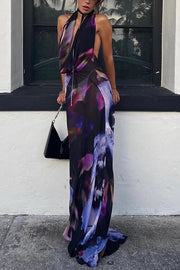 Bold and Sexy Tie-dye Abstract Floral Halter Drape Neck Backless Maxi Dress