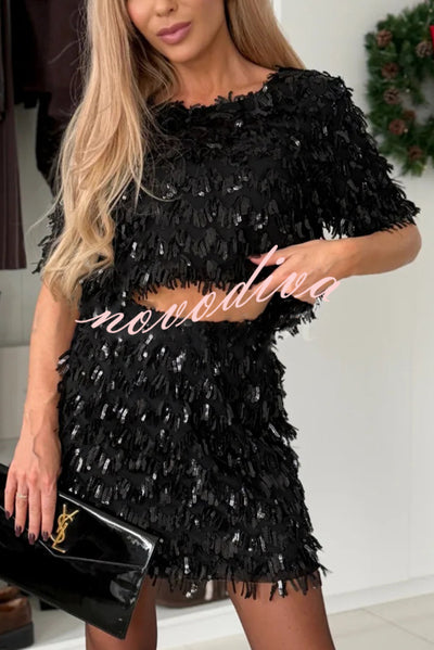 Polished Uptown Sequin Tassel Round Neck Short Sleeve Top and Elastic Waist Mini Skirt Set