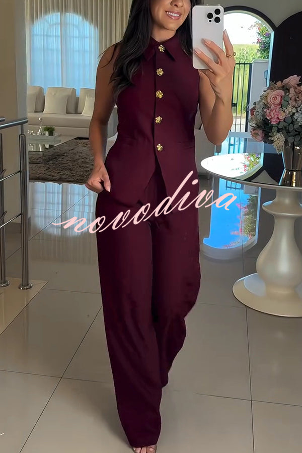 Fashion Lapel Sleeveless Button Vest and Casual Straight-leg Suit Pants Set