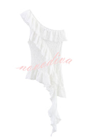 Solid Color Lace One Shoulder Ruffled Slim Fit Top
