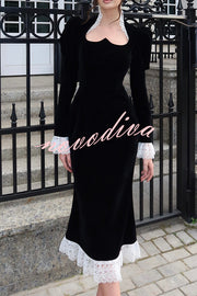 Baroque Style Velvet Lace Trim Sweetheart Neck Long Sleeve Flare Midi Dress