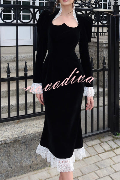 Baroque Style Velvet Lace Trim Sweetheart Neck Long Sleeve Flare Midi Dress