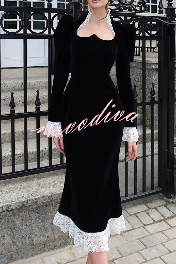 Baroque Style Velvet Lace Trim Sweetheart Neck Long Sleeve Flare Midi Dress