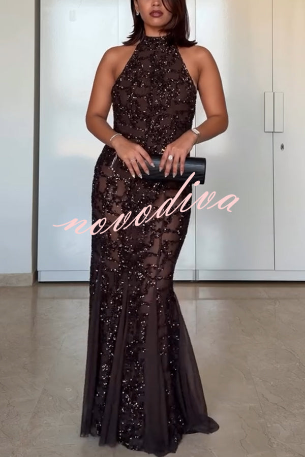 Twilight Gleam Sequin Textured Tulle Hem Halter Backless Maxi Dress
