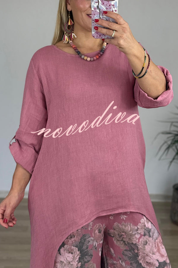 Linen Blend Crew Neck Long Sleeve Irregular Loose Top and Elastic Waist Floral Print Casual Pocket Set