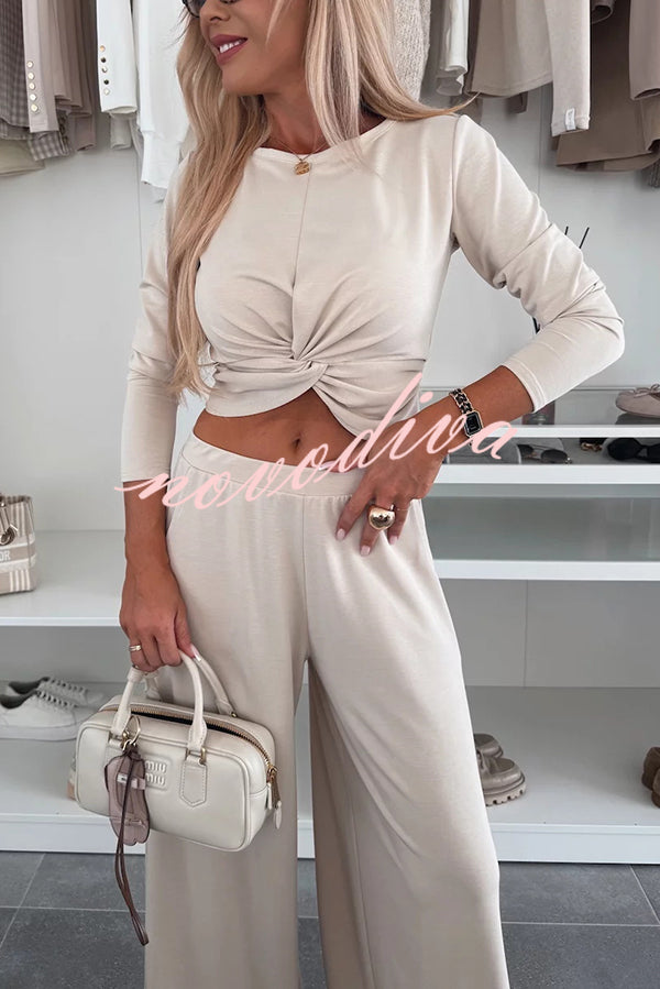 Solid Color Round Neck Long Sleeve Twist Crop Top and Elastic Waist Pocket Wide Leg Pants Set