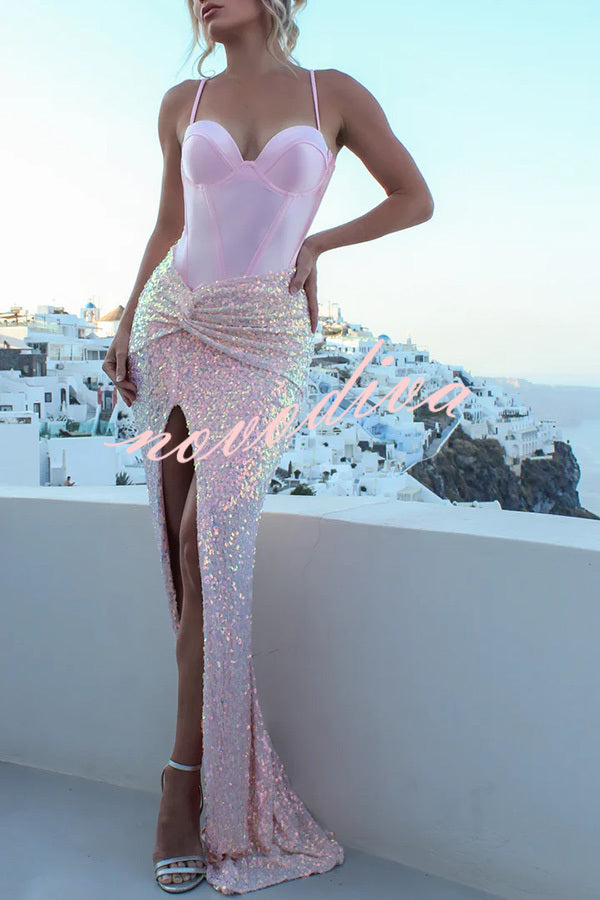 All about Glam Satin Corset Sequin Twist High Leg Split Maxi Dress