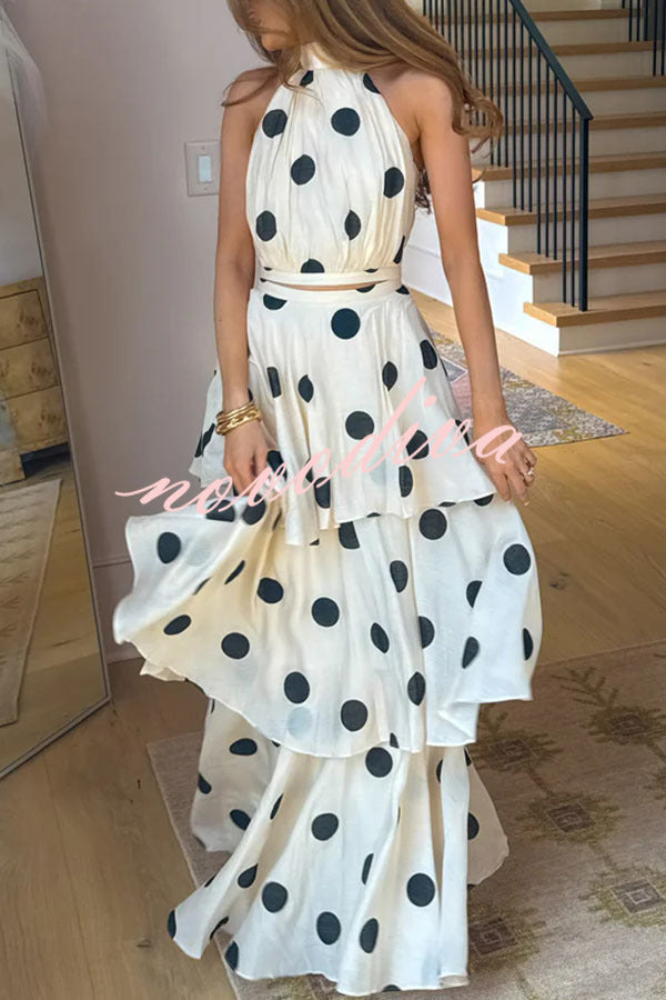 Gift To You Polka Dot Print High Neck Sleeveless Top and Layered Hem Maxi Skirt Set