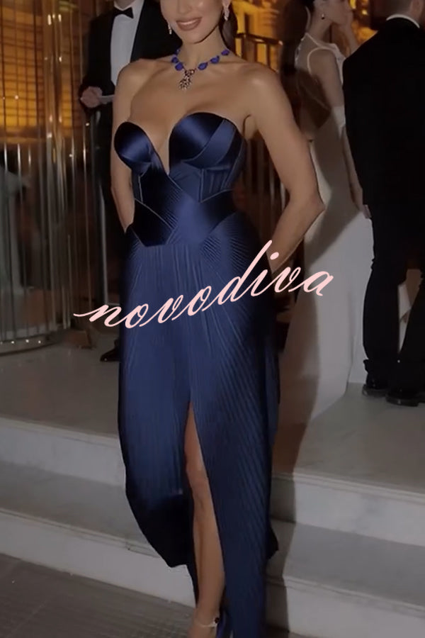 Stunning The Audience Plissé Satin Off Shoulder Drape Slit Gown Maxi Dress