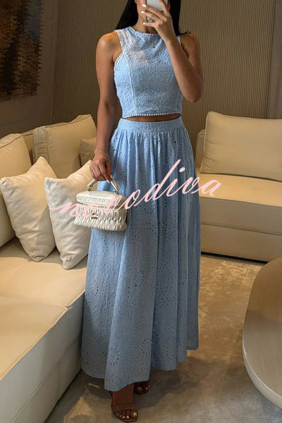 Kaya Embroidery Hollow Lace Back Smocked Tank and Elastic Waist A-line Maxi Skirt Set