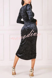 Solid Color Velvet Long-sleeved Slim-fit Slit Midi Dress